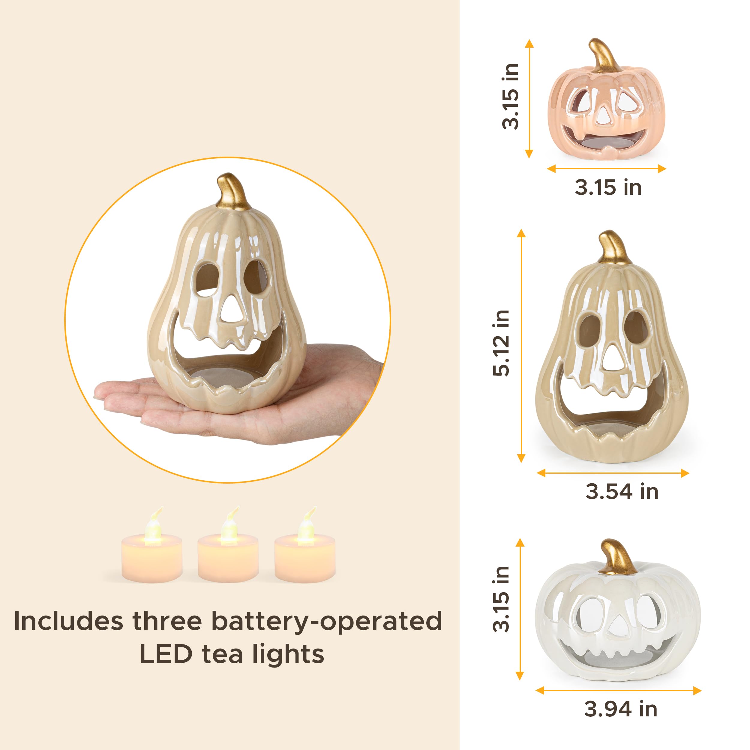 Sunlit Ceramic Pumpkin with 3 Tea Lights, Jack-O-Lantern Candle